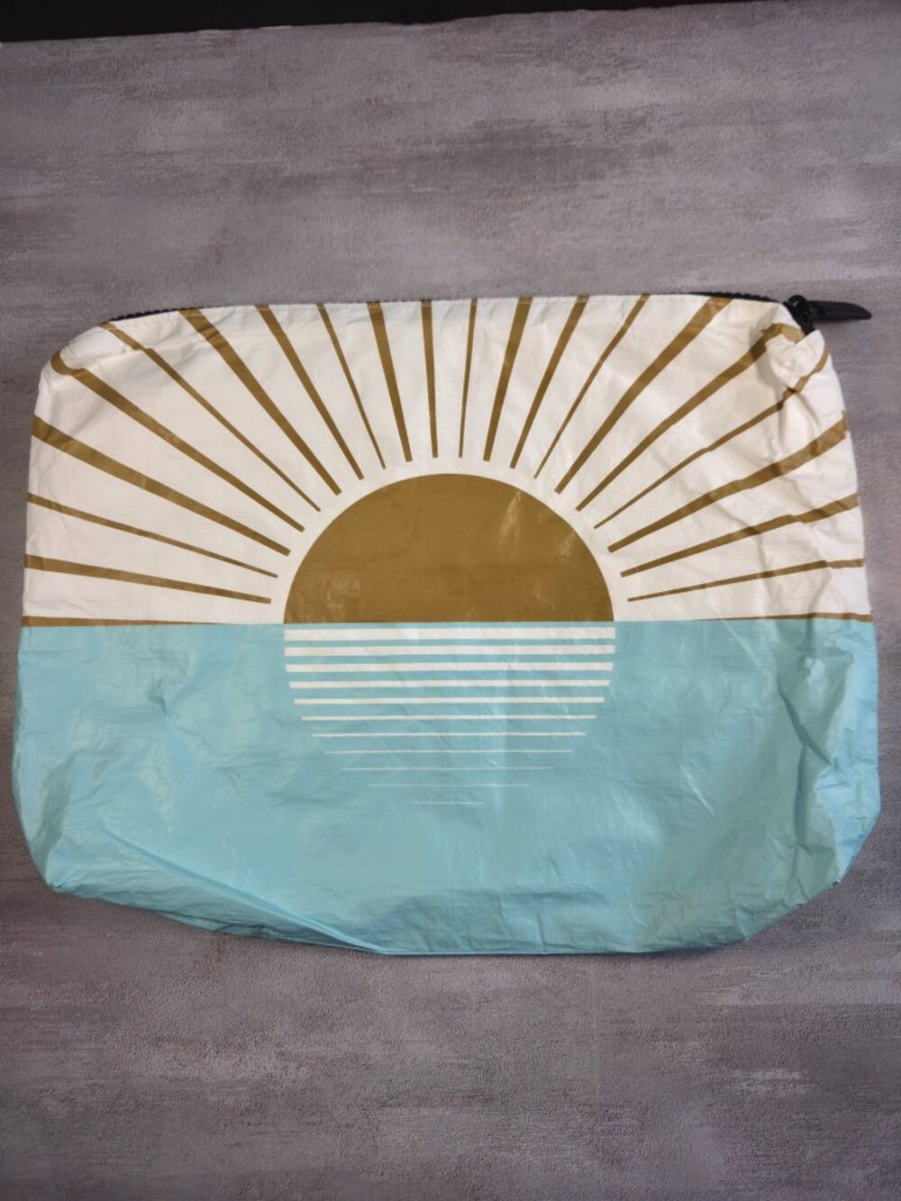 ALOHA Travel Pouch with Gold Sunrise Print in Light Blue and Cream - Picture 1 of 8
